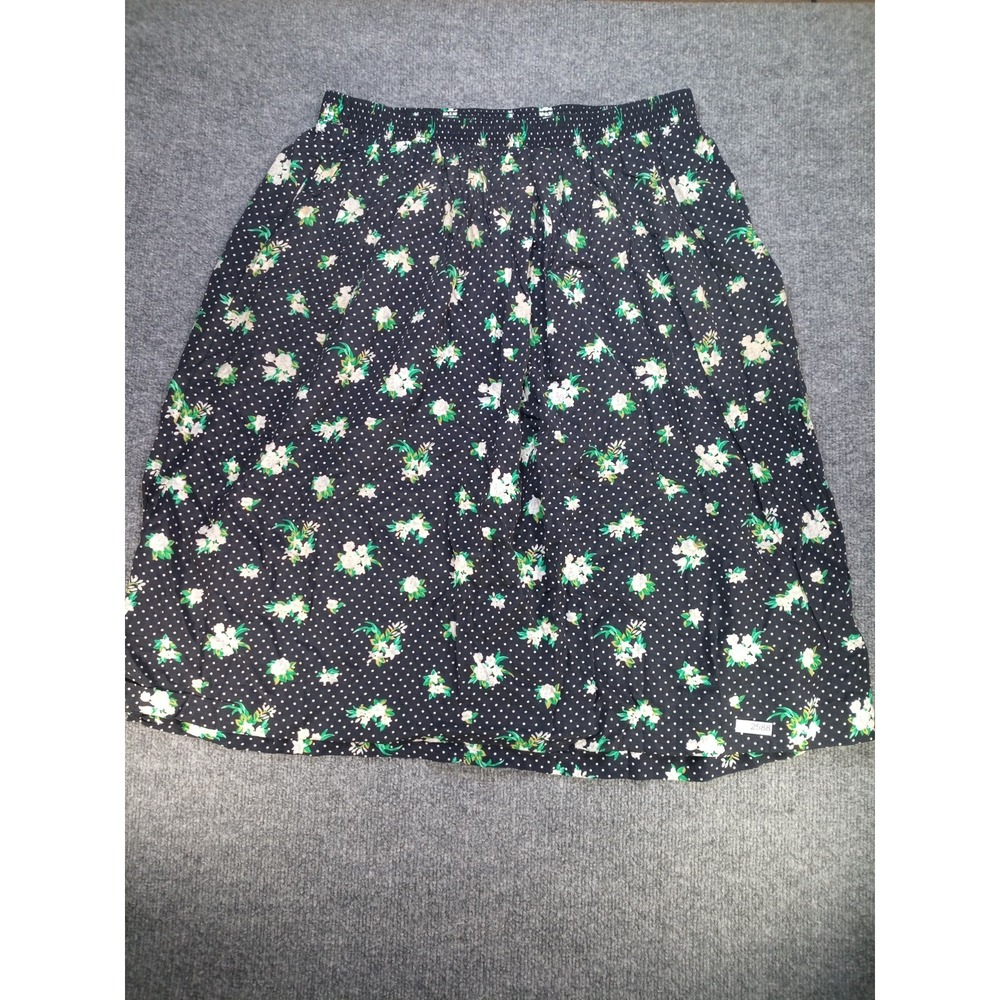 Vintage Ms Russ Floral Polka Dot Midi Skirt Black Green White Made USA